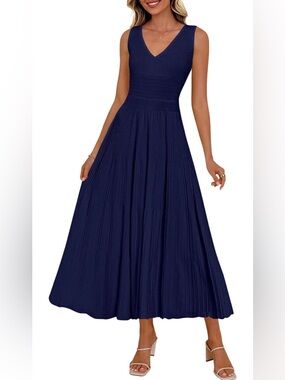 V-Neck Navy Pleated Maxi Dress